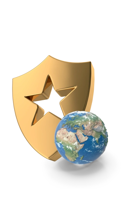 3d export quality shield icon behind world globe