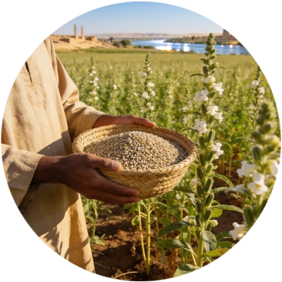 egyptian farmer in sesame flower field holding traditional bowl filled with sesame seeds