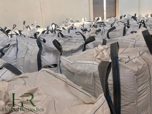 multiple food-grade certified FIBCs jumbo bags filled with sesame seeds at herbal remedies facility