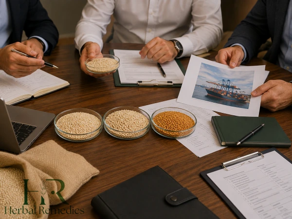 senior procurement managers reviewing sesame seed samples and export specifications across a conference table