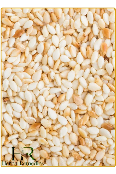 zoom-in of white un-hulled sesame seeds with herbal remedies global company logo